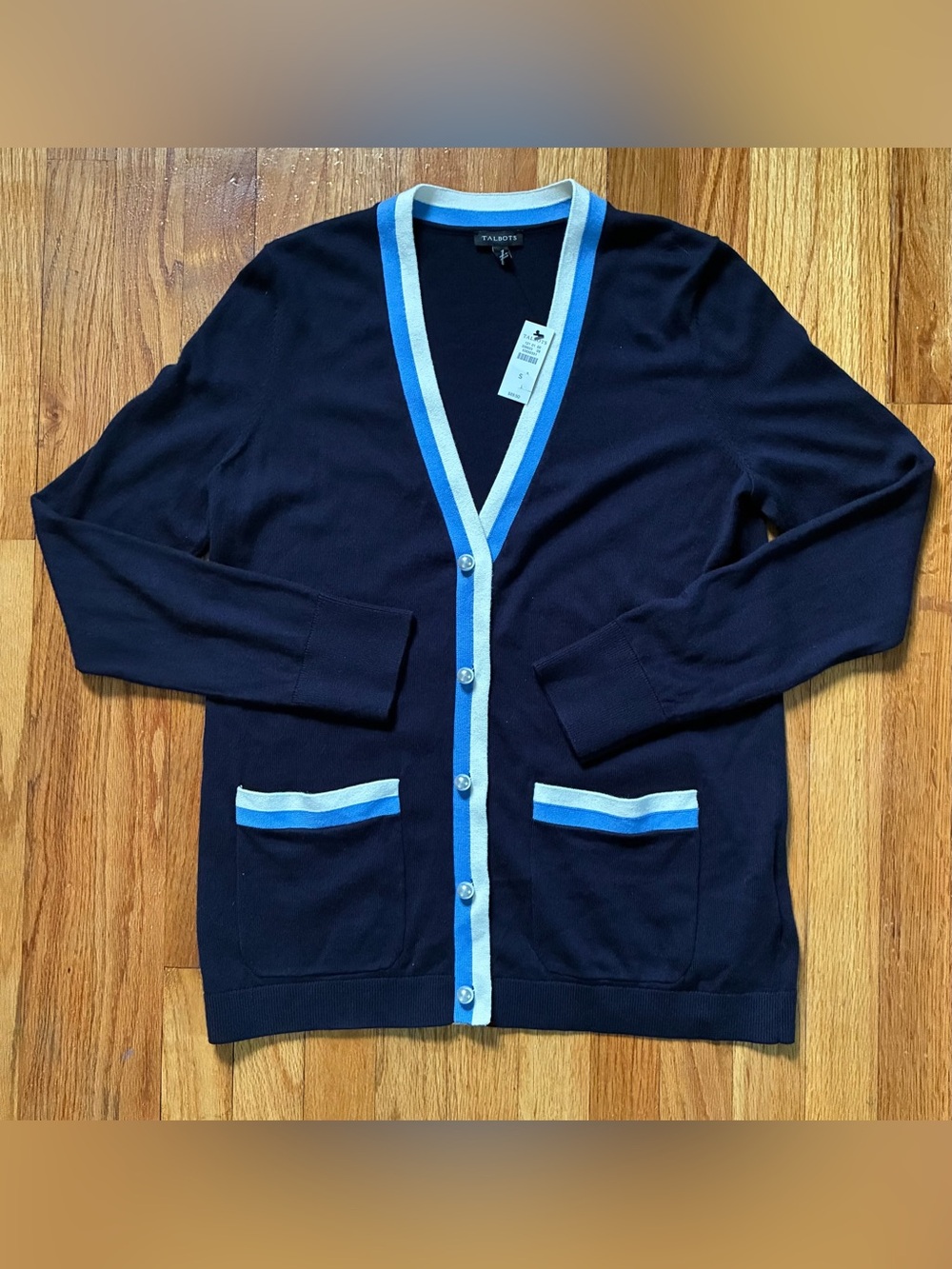 NWT Talbots Navy White V-Neck Pearl Button Boyfriend Cardigan Sweater Pockets S